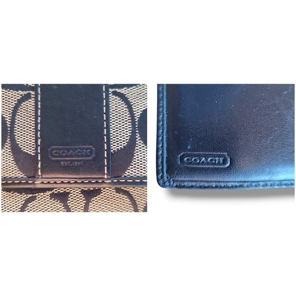 Coach Signature Canvas Leather Trifold Wallet Brown Tan Snap Coin Pocket - Picture 8 of 8